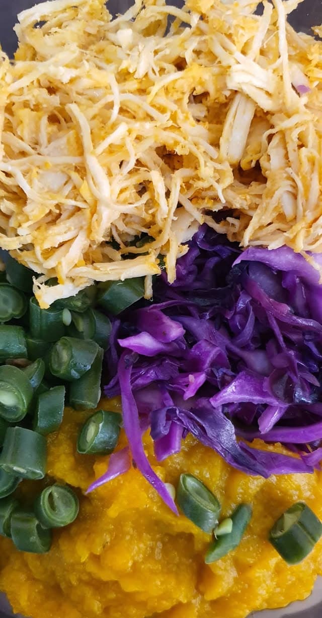 Marmita fit Pedidos Fit: frango desfiado, couve-roxa, purê de abóbora e vagem